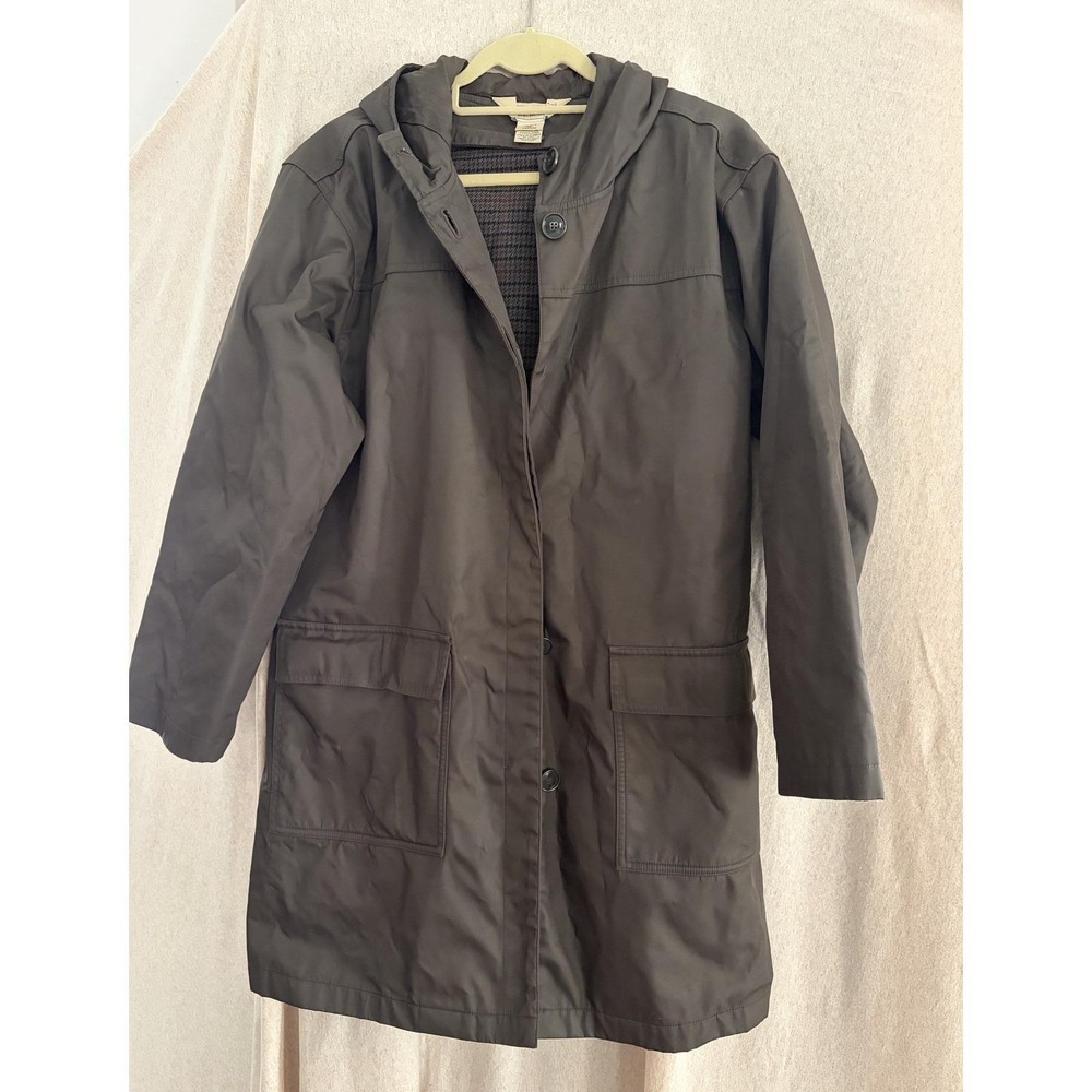 Vintage LL Bean Trench Rain Coat Womens Med Army Green Wool Lining Hood Classic